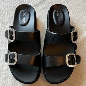 Vionic Black Capitola Crystal Leather Platform Sandals Rhinestone Buckles Sz 7
